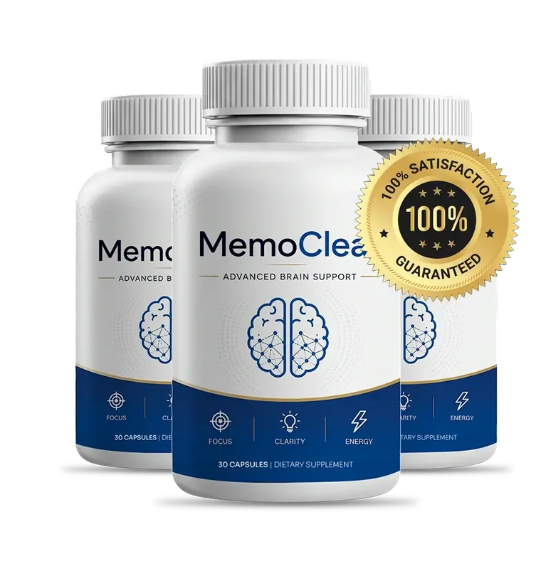 Three bottles of MemoClear with a satisfaction seal