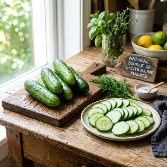 Cucumbers on a kitchen board, labelled as a natural source of citrulline malate