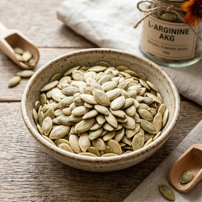 A bowl of pumpkin seeds beside a jar labelled L-arginine AKG