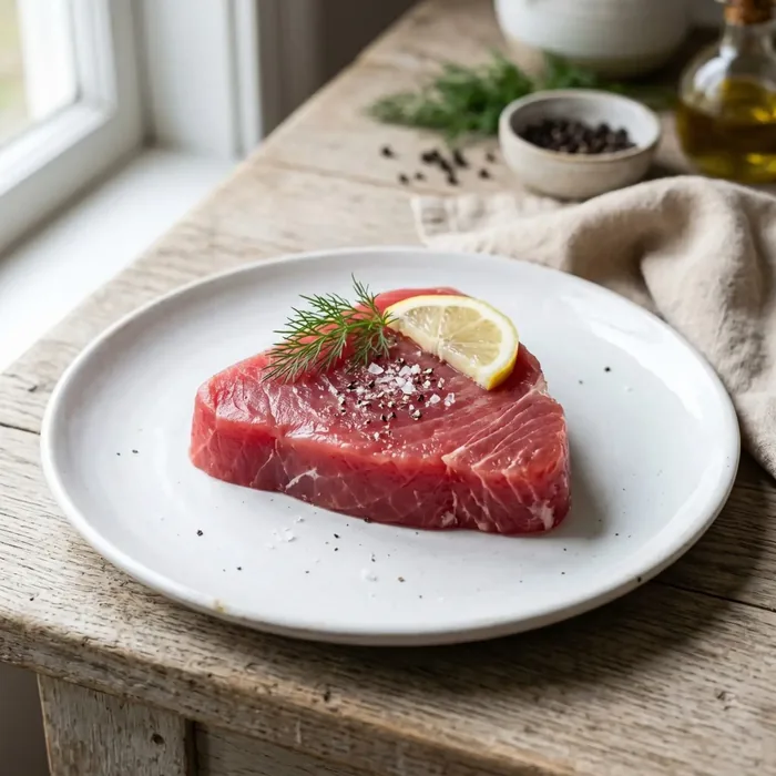 A tuna steak on a plate, one of the foods that supply beta alanine