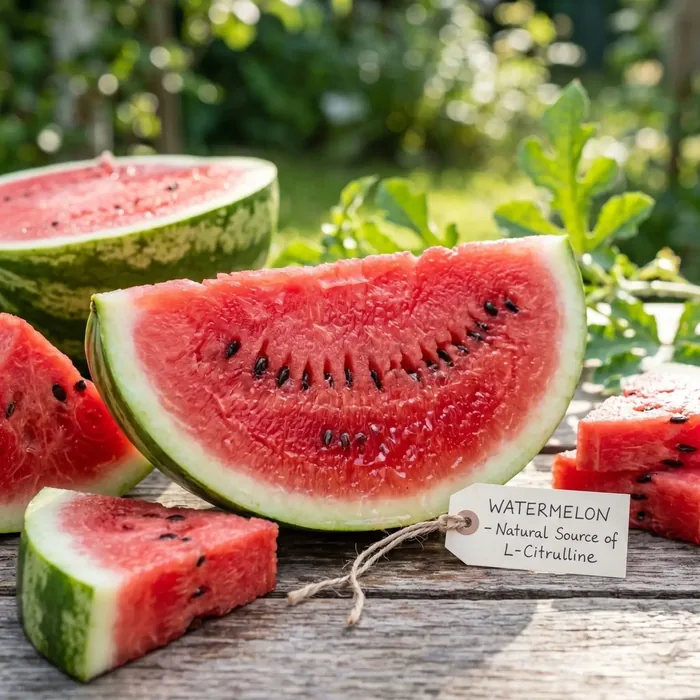 Sliced watermelon on a garden table, labelled as a natural source of citrulline