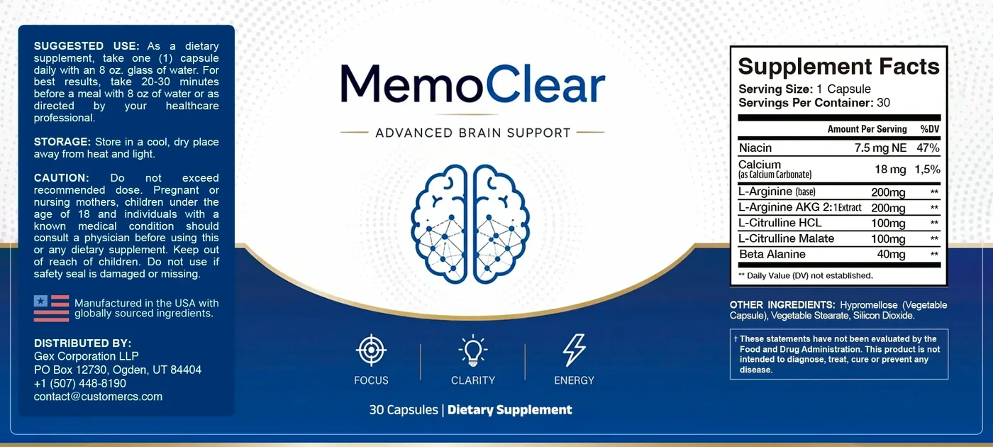 The MemoClear carton: suggested use, storage, caution, the supplement facts panel and the distributor's address