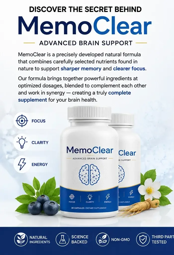 Seller's brand panel for MemoClear, showing the bottle and the words focus, clarity and energy