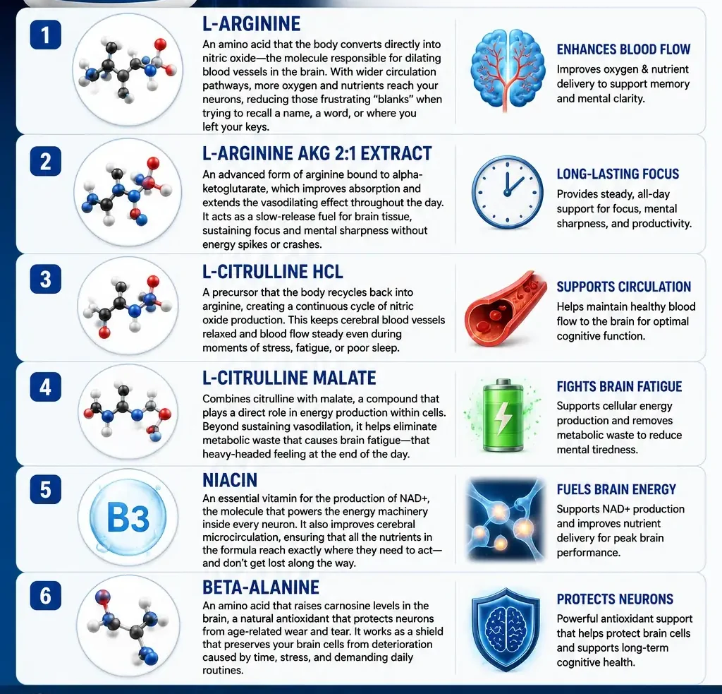 Seller's infographic listing the six featured MemoClear ingredients with a description of each