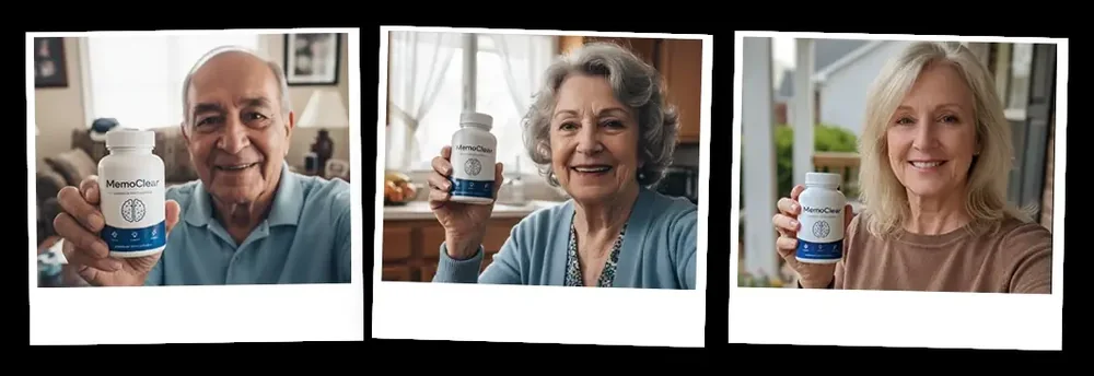 Three customer photographs supplied by the MemoClear seller, each holding a bottle